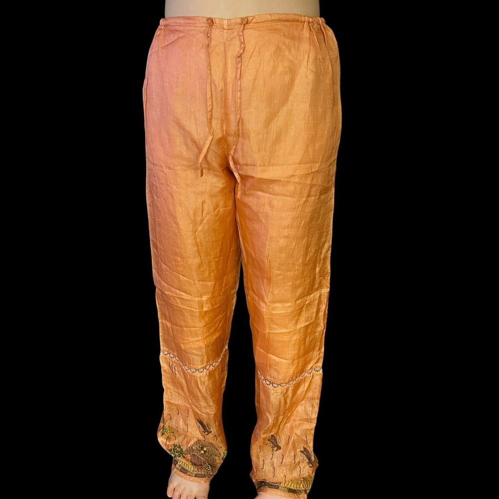 Paul Ropp Orange Silk‎ Beaded Drawstring Lightweight Beaded Embroidered Pants S